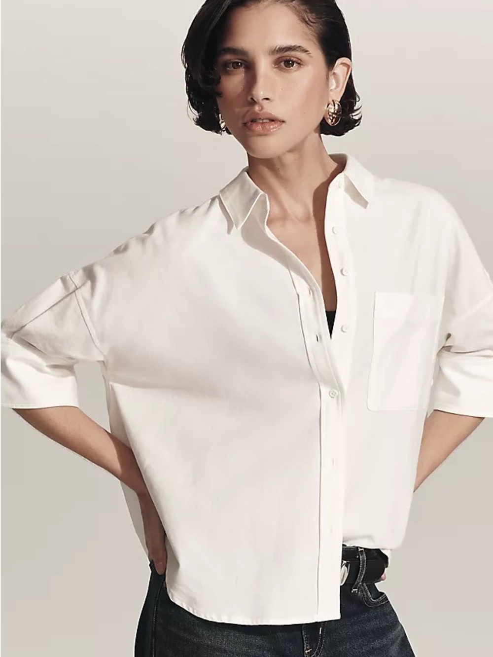 Anthropologie Maeve Mabel White Cotton Button Up Boxy Blouse Womens Size Large